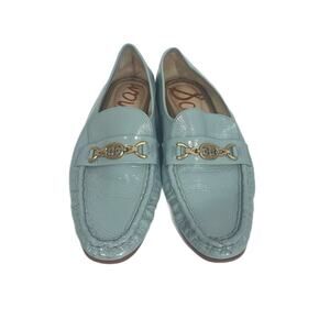 Sam Edelman Women's Lucca Loafer Blue Crinkle Patent Leather Size 9 Gold Logo
